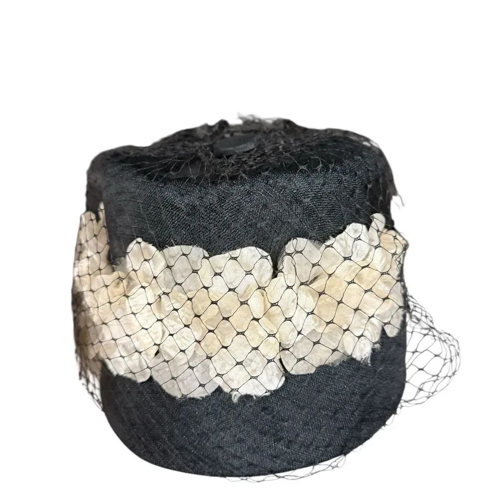 Vintage pill box hat Elegant Black and Cream Hat with Veil